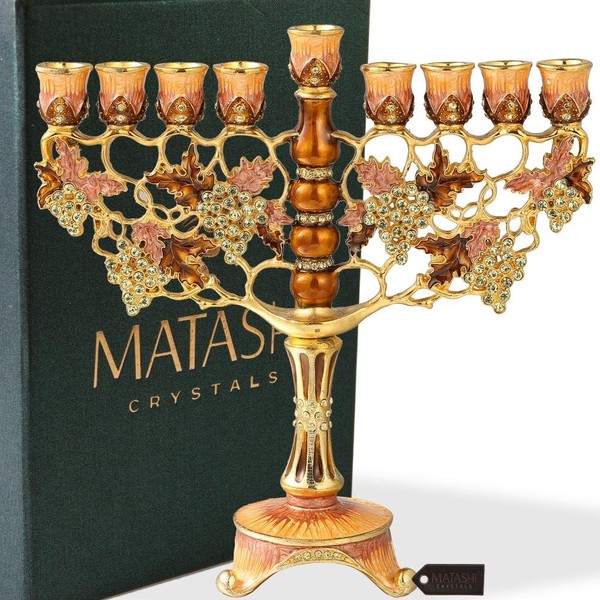 Matashi 7.25 Inch Tall Hand Painted Enamel Menorah Candelabra Embellished with an Intertwining Vineyard Design with Gold Accents and Crystals