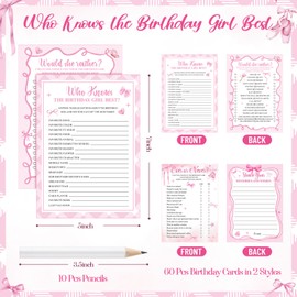 Pasimy 60 Pcs Who Knows the Birthday Girl Best Cards Would She Rather Games for Girl Woman 60 Pcs Girly Double Sided Cards and 10 Pencils for Teens Sweet Birthday Sleepover Party Supplies(Pink)