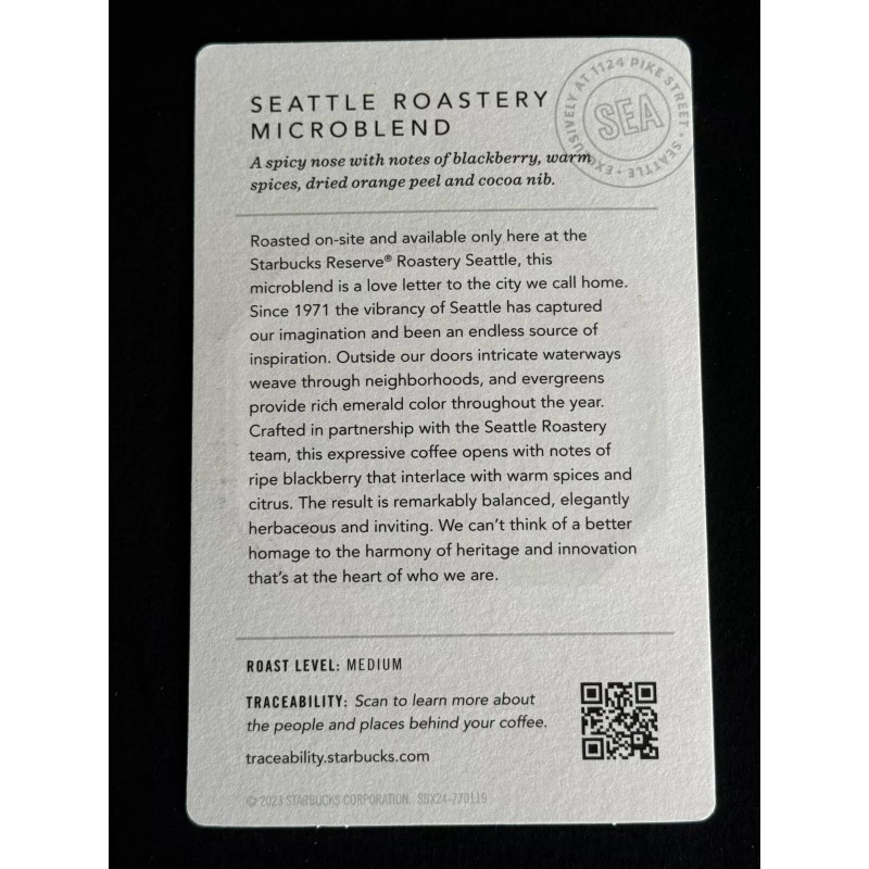 Starbucks Reserve Taster Card Seattle Roastery Microblend (2023)