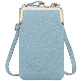 Women's Crossbody Phone Wallet, Multi-functional Leather Purse with Zipper and Kiss-lock Frame, Black (Sky blue)