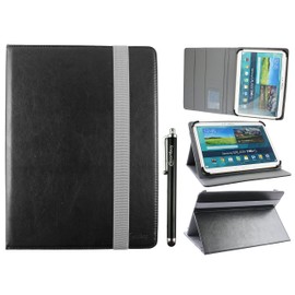Emartbuy Universal 9.1 Inch - 10.5 Inch Black Multi Angle Folio Wallet Case Cover With Card Slots Grey Elastic Strap and Stylus Pen Compatible With Selected Devices Listed Below