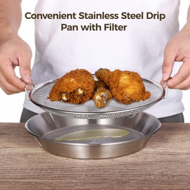 Stainless Steel Drip Pan with Filter Set, Kitchen Colander with Removable Mesh, Air Fryer Basket and Tray for Frying, Roasting, and Cooling, Vegetable and Fruit Strainer, 10 x 2.4 Inches