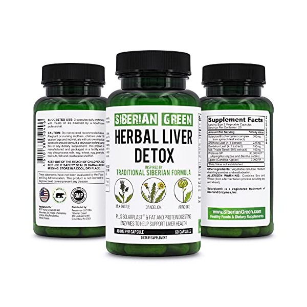 Siberian Green Herbal Liver Detox with Milk Thistle Artichoke Dandelion 60 Capsules – Traditional Siberian Formula Plus Enzymes to Support Liver Health