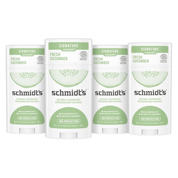 Schmidt's Aluminum Free Natural Deodorant for Women and Men, Fresh Cucumber with 24-Hour Odor Protection, Certified Natural, Cruelty Free, Vegan Deodorant 2.65 oz Pack of 4