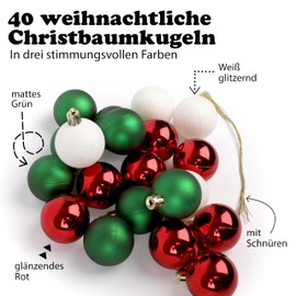 Christmas Tree Bauble Set of 2 - 40 x 4 cm Baubles in Shiny Red, White Glitter & Green Matt - Perfect Decoration for Festive Christmas Trees, Advent Wreaths and Table Arrangements