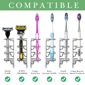 Linkidea 2 Pack Toothbrush Holders Wall Mounted, 3 Slots Bathroom Shower Toothbrush Organizer Stand, Stainless Steel Ventilated Countertop Rack for Electric Toothbrush, Toothpaste (Brushed Nickel)