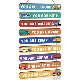 KAIRNE Inspirational Phrases Wall Plaque Colorful Construction Car Hanging Sign Boys Room Decor Motivational Quotes Wall Art Positive Phrases You Are Kind Hanging Plaque for Nursery Kids Bedroom Decor
