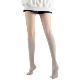 Verdancy Yoga Pilates Toe Socks with Grips for Women Non Slip Compression Cushioned Knee High Over the Calf Socks (Khaki)