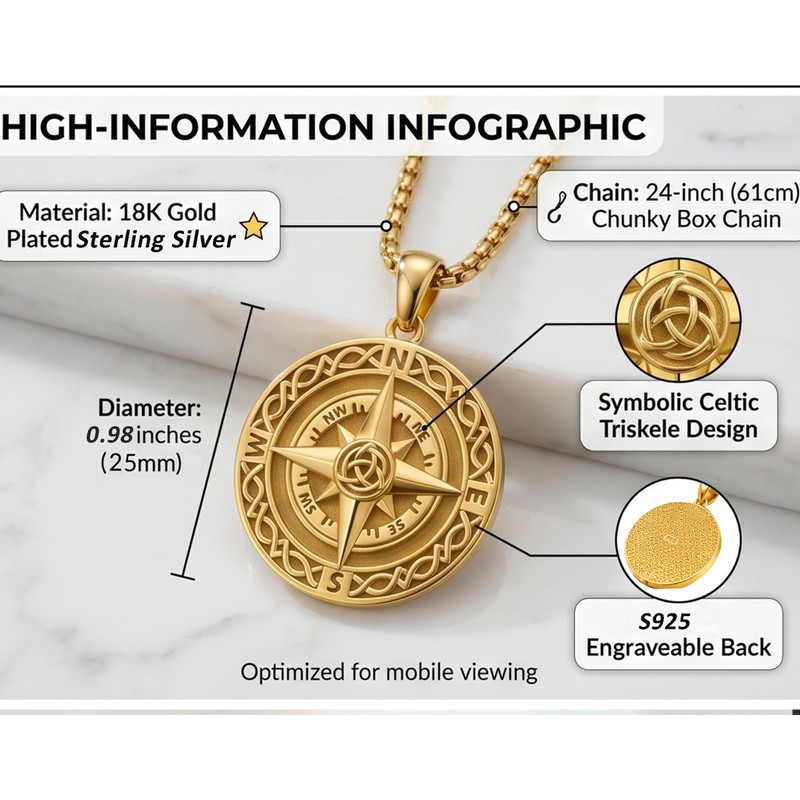 DRINSPER Celtic Compass Necklace for Women Men, Travel Protection Pendant