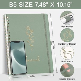 EMSHOI Bullet Dotted Journal Spiral Notebook - B5 Large Hardcover Leather, 140 Pages, 100 GSM Dot Grid Notebook for Women Men Work Writing, Bullet Journaling, Drawing, 7.48" x 10.15", Light Green