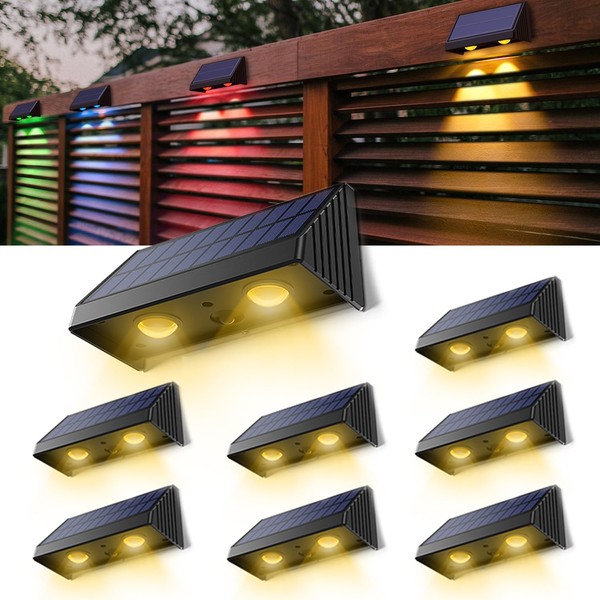 SIEDiNLAR Solar Fence Lights Outdoor, 50 Lumens 5 Modes Fence Deck Light Solar Powered Waterproof Backyard Decor for Wall Fence Deck Step Garden Patio, Warm White/RGB Color Changing (8 Pack)