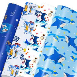 Mpanwen Shark Wrapping Paper for Boys Kids, 8 Sheets Large Shark Gift Wrap Wrapping Paper for Christmas Birthday Holiday - 27 x 39.5 Inches Per Sheet