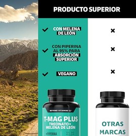 T-MAG L-Treonato Magnesio PLUS | Treonato, Melena de León | Alta absorción con Piperina al 95% | Sin Azúcar - Suplemento Alimenticio Vegano Beyond Vit