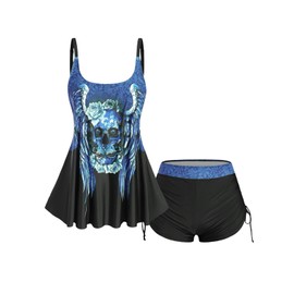Rosegal Womens Plus Size Skull Rose Wing Print Cinched Boyshorts Tankini Swimsuit Set(Blue_1/3X)