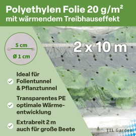 TTL Garden 10 x 2 m PE Cold Frame Film Perforated 20 g/m² - Transparent Garden Film for Polytunnel Cultivation Film Cold Frame & Raised Bed Growing Film Heat Protection Against Rain, Wind Frost