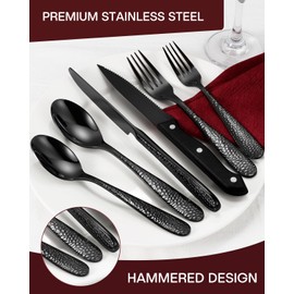 Hammered Black Silverware Set, EUIRIO 48 Pieces Flatware Set for 8, Heavy Duty Stainless Steel Cutlery, Food-Grade Utensil Sets Includes Spoons Forks and Knives, Mirror Finish Dishwasher Safe