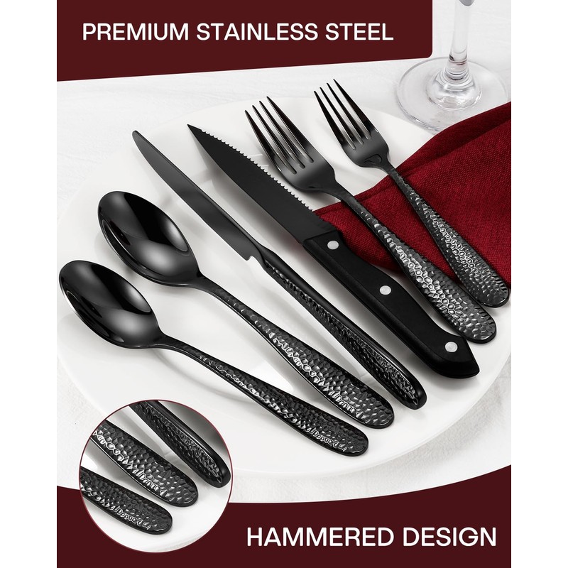 Hammered Black Silverware Set, EUIRIO 48 Pieces Flatware Set for
