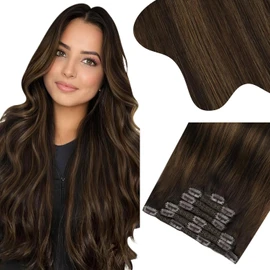 Moresoo Clip-In Real Hair Extensions, Salon Quality Soft Straight Hair, 45 cm, 7 Pieces, 135 g, Clip-In Extensions, #2/6/2 Brown to Dark Brown with Chestnut Brown, Easy to Wear, Solid and Durable