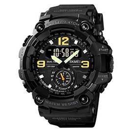 Men Digital Sports Watch, Dual Time Display LED Military Wrist Watch, Shockproof Large Dial Men Wristwatches Outdoor Waterproof Alarm Watches (Black)