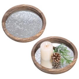 Hanobe Round Wood Decorative Tray: Set of 2 Farmhouse Wooden Galvanized Trays for Coffee Table Centerpiece Rustic Vintage Candle Platter for Ottoman Home Decor Kitchen Bathroom Bar Countertop