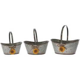 Boston International Metal Nesting Pails Decorative Oval Buckets with Handles, 3 Sizes, Sunflower Charm
