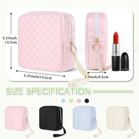 Likesing Upgraded 5.3" Checkered Mini Makeup Bag, Black Small Cosmetics Bag for Purse, Portable Small Makeup Pouch with Wrist Strap, Thickened Travel Mini Toiletry Bag for Womens Girls