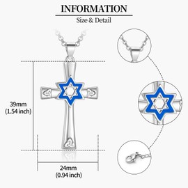 LES OSEWA Blue Star of David Necklace for Men Sterling Silver Estrella de David Jewish Star Cross Pendant Celtic Cross Necklace Jewish Jewelry Hanukkah Gifts for Women Stocking Stuffer