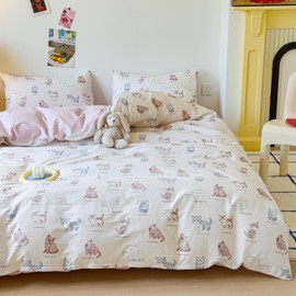 LIWHENHAO Cat Duvet Cover Set Queen 100% Cotton Bedding Cartoon Brown Gray Pink Pet Cats on White 1 Cute Kawaii Animal Comforter Cover Full 2 Pillowcases for Kids Girls Boys Woman