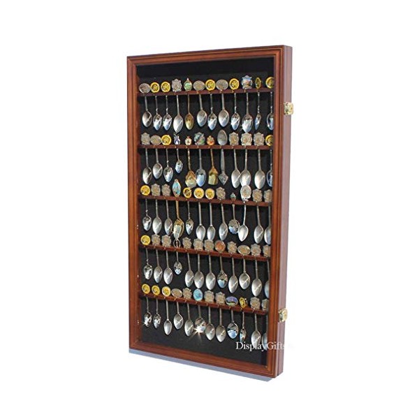 60 Spoon Rack Display Case Holder Wall Cabinet, UV Protection, Lockable (Walnut Finish)