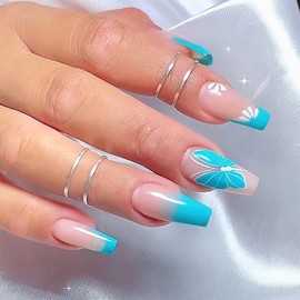 BAOYAALIN Blue Press on Nails Medium Long Coffin French Fake Nails with Butterfly Design Glue on Nails for Women Girls Acrylic Ballerina False Nails Stick on Nails Press on Nail for Wedding 24Pcs