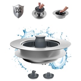 Hibbent Upgraded 3 in 1 Kitchen Sink Drain Strainer and Stopper Combo, Stainless Steel Metal Pop Up Sink Stopper, 3 Anti-Clogging Basket Strainer with Handle for US Standard 3-1/2 Inch Drain