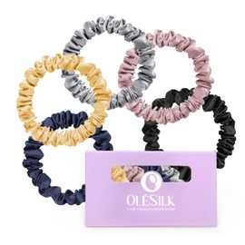 OLESILK Silk Hair Ties for Women: 100% Mulberry Skinny Silk Scrunchies, Soft Smooth No Damage No Crease for Thin Fine Curly Hair 5 Pack, Multi