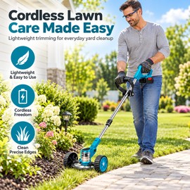 21V Cordless Weed Trimmer & Edger with 2 Batteries – 3 Blade Types, Adjustable 90–128 cm Shaft & Edging Wheels