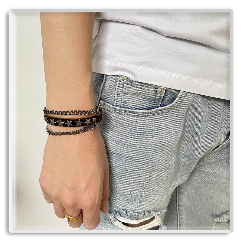 Xusamss Hip Hop Rivet Chain Leather Bracelet Alloy Star Cuff