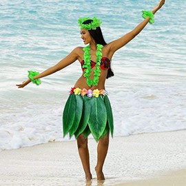 HANGNUO 5 PCS Hula Skirt Hawaiian Costume Set with Green Leaves Necklace Bracelets Headband, Luau Party Favors for Adults Women and Men