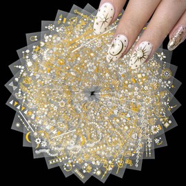 30 Sheets Gold Nail Stickers 3D Self-Adhesive Gold Star Nail Art Stickers Gold Flower Nail Decals Gold French Tip Line Nail Design for Women Acrylic Nails Gold Nail Art Supplies Decoration Accessories