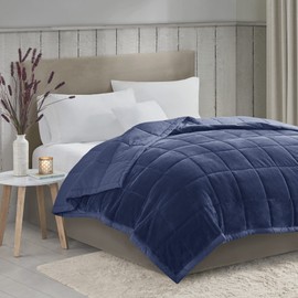 Madison Park Queen Cozy Blanket HeiQ Smart Temperature Plush to Microfiber Reverse Box Quilting, Reversible, Soft All Season, Lightweight Summer Cover, for Bed, Couch and Sofa, Full/Queen, Navy