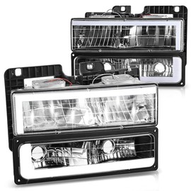 DNA MOTORING C Style LED DRL Headlight+Signal Lamps Set Compatible with 92-99 Chevy GMC C/K 1500 2500 Suburban Yukon,Black,HL-LB2-4P-C10-BK