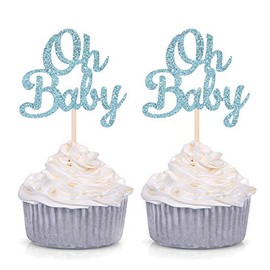 Blue Glitter Oh Baby Cupcake Toppers Baby Shower Boy's First Birthday Party Decorations (Pack of 24)