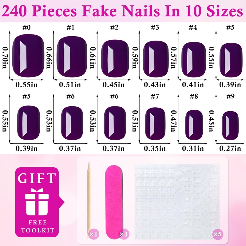 240PC Extra Short Press on Nail Square Dark Purple Fake