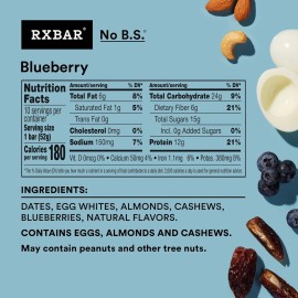 RXBAR Protein Bars, Protein Snack, Snack Bars, Blueberry, 18.3Oz Box (10 Bars)