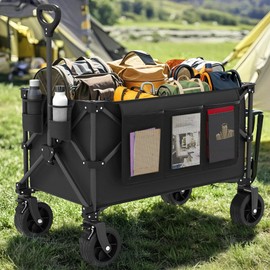 DWVO 300Lbs Collapsible Wagon Cart, Large Capacity Foldable Utility Cart with 3.2in Wide All Terrain Wheels, Heavy Duty Folding Wagon for for Outdoor Activities, Gardening, Shopping, Black