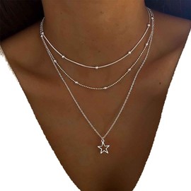 Yienate Boho Layered Star Necklace Choker Chain Silver Star Pendant Necklace Beads Satellite Chain Choker Vintage Hollow Star Necklace Multilayer Statement Necklaces Jewelry for Women Girls