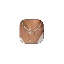 Layered Dainty Starfish Pendant Necklace,Vintage Plated Gold Shell Pearl Statement Choker,Trendy Layering Pearl Small Shell Necklace for Women (Colors)