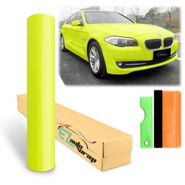 12"x60" (1FTx5FT) Gloss Fluorescent Neon Yellow Vinyl Wrap Sticker DIY Decal Film Sheet Auto Car Vehicle Motocycle Air Release Bubble Free Self Adhesive Peel and Stick Free Tool Kit