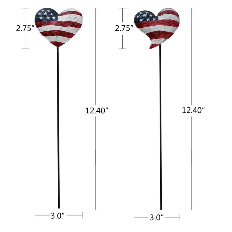 4 Set 12.4" H Metal Heart American Flag Garden Stakes