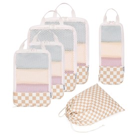Narwey 6 Set Compression Packing Cubes for Backpack and Suitcases, Travel Organiser Packing Bags for Carry on Hand Luggage (Checkerboard Light)