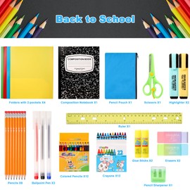 50 Pcs Back to School Supplies Kit for Kids K-12, School Essentials Supplies Set Bulk for Girls, Boys, Teachers. Includes Crayons, Pencils, Folders, Notebooks and Much More for Students All Ages