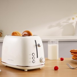 Roter Mond 2 Slice Toaster Retro Stainless Steel with Bagel, Cancel, and Defrost Functions, 6 Bread Shade Settings, Extra Wide Slots and Removable Crumb Tray, Cream