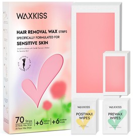 Waxkiss Gentle Version 70 Count Wax Strips for Hair Removal, At Home Ready-to-Use Strips Waxing Kit with 6 Prewax Wipes & 6 Postwax Wipes
